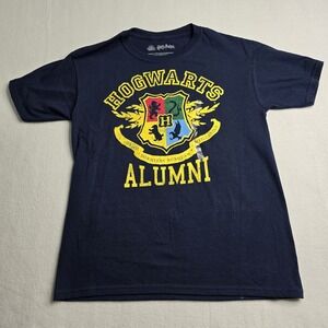 Harry Potter HOGWARTS ALUMNI SHIRT Size‎ Large Navy Blue Yellow School Crest